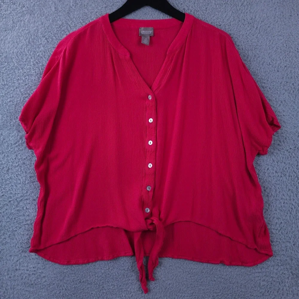 Chicos Shirt Womens 3 US XL Pink Tie Hem Button Up Dolman Sleeve Crinkle Top - Picture 1 of 9